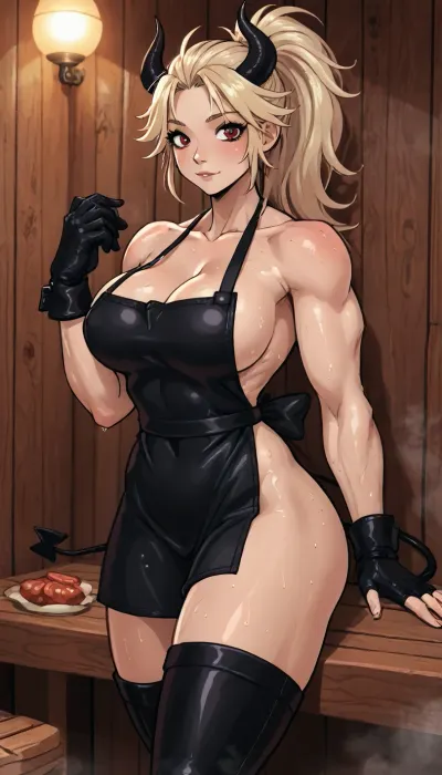 (innv meets jack cayless style), (reiq style, masterpiece, cel-shaded, limited color palette), ((Beautiful Muscles Sexy Nikaido from Dorohedoro anime body:1.4)), (sauna, steam, sauna background:1.2), (1girl, solo, alone, 21 year old woman), (long blonde hair, ponytail hair), (red-eyes), (gorgeous, seductive face, perfect ads, muscles are well defined, muscular body, perfect big breast, muscular arms, perfect hands, muscular legs, big ass, sweaty body), (black leather full arms covereds), (black horns), (black devil tail), (black leather long apron), (black long Leather glove), (black stocking), (black Knee high boots), (a hand holding a meat clever), (posing), ultraviolet light, LoL, Style, lineart, line, art, flat, colors, color, uberfit, muscular, athletic, <lora:LCMTurboMix_Euler_A_fix:2>, <lora:lineartSDXL:2>, <lora:mk_Bp Anime_xl:2>, <lora:EnvyBeautyXL02:2>, <lora:uberfit_lora_sdxl:2>