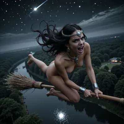 A high-quality, dynamic, full-body night photograph with a cinematic look. A young, naked woman with long, dark hair streaming in the wind—styled in a 1940s/50s retro fashion—soars rapidly through the night sky on a broomstick, high above a forest and river. Her expression is a mix of mischievous fury and joy, her eyes are wide and intense, and her mouth is parted in a fierce snarl, revealing clenched teeth. She wears tribal-style silver jewelry on her head and neck. The aesthetic is dark fantasy, featuring a dark-gray color palette and an H.R. Giger-esque style. Below, the river reflects the stars and the moon. The background is slightly motion-blurred to convey speed. The scene is charged with rapid movement and the glint of distant stars, creating an atmosphere of unease and mystery. Aerial shot, (bird's-eye view), DJI Phantom 4 Pro drone camera.
