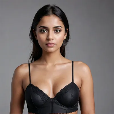 Indian girl, full body photo with below features, Face shape appears oval with rounded cheeks and jawline.
Forehead is moderately broad and partially framed by the side-parted hair.
Eyebrows are dark, naturally full, and gently arched, with relatively little visible shaping.
Eyes are dark brown, almond-shaped, and moderately wide-set.
Upper eyelids have a subtle natural fold, there is a small amount of visible under-eye shadow.
Nose is medium-width with a gently rounded tip and relatively straight profile from the front.
Lips are medium-full, with a clearly defined but natural upper-lip contour and a fuller lower lip.
Expression is relaxed and neutral, with the mouth closed and a slight softness around the eyes.
Chin is rounded rather than sharply angular.
No visible eyewear, facial piercings, or prominent makeup.

Body is chubby, stomach is round, breasts are huge, hips is large, genitals are visible.
