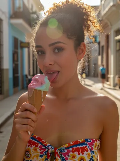 A realistic, natural photograph of an elegant Afro-Latin American woman in her thirties, wearing a bright summer dress. The photograph was taken on a sun-drenched, colourful street in Havana. The young woman is holding a colourful scoop of ice cream, which is beginning to melt in the hot sun, and is looking straight at the camera with a mischievous smile, as if she’s been caught red-handed. The warm light of the ‘golden hour’, lens flares, an authentic street photography style, sharp focus on the face, a soft blurred background, and high image quality.