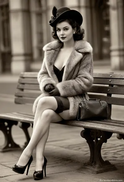 (post-colored black and white photo, vintage exhibitionism, bokeh, rule of thirds:1.7), (view full body including the shoes:1.4), (in 1965:1.4), (18yo stunning sophie, black hair, young, realistic natural face, willing pose:1), (pouty, open mouth, dark eyes:1.2), (sitting, on bench, parc, spreading naked, flashing huge labia:1.4), (firm young tits, small hard nipples, black handbag, heels, stockings, elaborate hat, fur_coat:1.23), (shaved pussy, knees in front:1.6), dresden zwinger, bright sidelight, vintage, FRESHIDEAS, Illustration, 62#, <lora:style_lora_realis:.8>, <lora:vintage-XL:.4>, <lora:FRESHIDEAS 1980s retro fashion shoot:1.3>