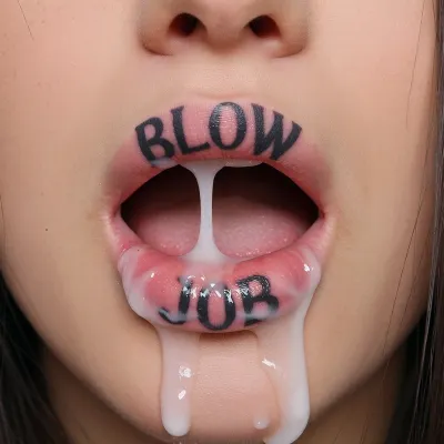 image of girl face, (((full face shown))), focus on lips, tattoo on the upper lip, "BLOW", tattoo on the lower lip, "JOB", thick white cum on lips
