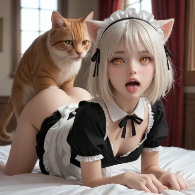 front-left view of a not tall 12-year-old young little catgirl, ass up, she stands on the bed on all fours and stretches like a cat cutely sticking out her tongue a little, small fangs like those of a cat are visible in the wide open mouth, preparing for penetration in the throat, ultra-wide open mouth, transparent lubricates gel leaking from tongue, white hair, orange eyes, luminous eyes, cross-shaped pupils, she is very hot, athletic build, slim waist, small boobs, one breast out, diaona, girl, dress, cat, ears, eyes, heart-shaped, pupils, maid, headdress, hair, bow, satisfaction, extreme sexually-charged catgirl-Nya