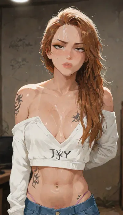 Beautiful extremely 18 year old girl. Black and ginger hair. Long messy hair., (Tattoos, 'Key' on left breast, 'star' on Right shoulder, 'S.U.N.N.Y' inside left forearm, 'Daddy' on Under right biceps, Inside right wrist), Petite. Top model face, freckles, green watering eyes. Heavy eyeliner. Heavy orange eyeshadow. BREAK
Dark mascara trails down her cheeks, smeared makeup, crying., Fully clothed wearing a cropped off the shoulder baggy hoodie, sports bra, midriff, sports thong, daisy dukes jean shorts, visible penis bulge, socks, sneakers, Cum drips down her body. Her face is smothered with an excessive amount of thick, viscous cum, cum on face, Cum on her forehead, her cheeks and in her hair, cum in hair, Deepthroat, a man's hand grasps the girl's head, she has 3/4 of his enormous thick cock in her mouth, . Dark basement of a derelict building, graffiti, crumbling concrete walls, exposed rebar, rusty pipes. Barely illuminated, flickering fluorescent lights. Look, at, my, prompts. Flat, chested. Cinematic pov, carrie3mb, Carrie Emberlyn, <lora:Carrie3mb:2>, perfect anatomy, best quality, 8k, insane details, intricate details, hyperdetailed, hyper quality, ultra detailed, professional, HDR, ray tracing reflection, cinematic lighting, highlydetailedbody, realisticface, highlydetailedhair, perfectfingers, insanelydetailed, 8K.highdetailedskin, highresolution, (j_cartoon:1.5), Drawing, small erect-futa, erect-penis, femboy, testicles, erection, <lora:add-detail-xl:.8>, <lora:samdoesarts1.1-000030:.4>, <lora:J_cartoon:.3>, <lora:Animated_Concept:.4>