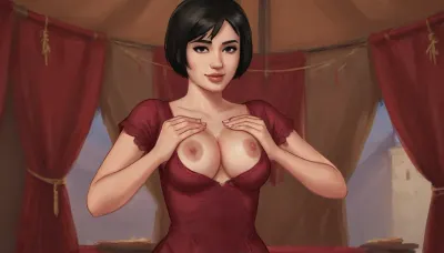 (one woman, french, 30 year old, black short hair, small breasts, sensual smile), (standing inside enclosed medieval brown war tent), (wearing burgundy medieval dress, open cleavage pulled down exposings breasts with hands), close view above waist, (artwork, digital painting, fantasy art, loading screen art style), <lora:LegendDarkFantasy-000001:.5>, <lora:SumTim:.1>, <lora:SDXLSamDoesArts:.1>, <lora:titsqueeze_SDXL:.5>