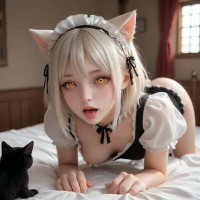 front-left view of a not tall 12-year-old young little catgirl, ass up, she stands on the bed on all fours and stretches like a cat cutely sticking out her tongue a little, small fangs like those of a cat are visible in the wide open mouth, preparing for penetration in the throat, ultra-wide open mouth, transparent lubricates gel leaking from tongue, white hair, orange eyes, luminous eyes, cross-shaped pupils, she is very hot, athletic build, slim waist, small boobs, one breast out, diaona, girl, dress, cat, ears, eyes, heart-shaped, pupils, maid, headdress, hair, bow, sexually-charged catgirl-Nya