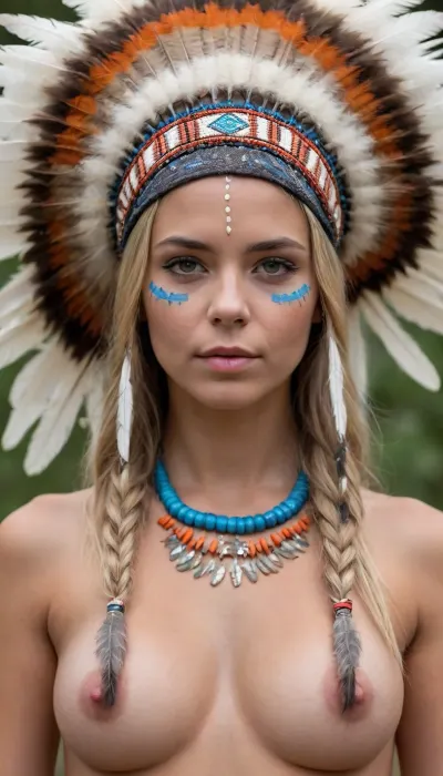 3/4 view portrait of a young naked woman with blonde hair. She is wearing a large headdress made of feathers, fur, and beads, resembling a Native American war bonnet. The headdress features white feathers with dark tips, brown fur, and a band decorated with orange cylindrical beads and black and white geometric patterns. Two strands of feathers and fur hang down from the sides of the headdress, tied with braided leather.

She has blue face paint on her cheeks, with two horizontal blue lines above her cheekbones and a smaller blue smudge below her eye. She is wearing a bright blue t-shirt with white lettering on the front, partially visible as "B...". Her expression is neutral, looking to her right with a slight upward tilt of her head. She has a small nose ring. Her posture is upright, facing mostly towards the right side of the frame. The background is a plain dark grey.