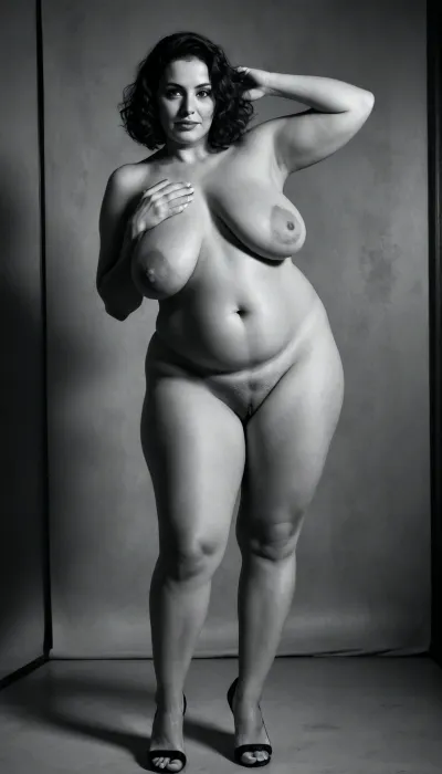 ((black and white photo:1.5)), (monochrome:1.5), ((black background)), "High-fashion editorial photography, full-body portrait of a 40-year-old woman, obese, wide hips, big ass, saggy breasts —posing with confident, seductive elegance. Her short, voluminous wavy brunette short french-bobcut playfully around her face, accentuating delicate feminine. She wears 18cm stiletto-heeled sandals, (thin straps, metallic or patent leather), emphasizing toned calves and arched feet. The composition highlights her legs—lithe, sculpted, and dominant in the frame—shot with dramatic chiaroscuro lighting, (hard directional light with deep shadows), to enhance texture and curvature. **Styling, ** Minimalist yet bold—perhaps a sheer draped fabric or thigh-high stockings for contrast, but primarily nude to celebrate natural anatomy with artistic precision. Background, muted luxury, (concrete loft, polished marble, or noir-inspired studio with hazy rim lighting), . **Mood, ** Leg fetishism as high art—powerful, controlled allure with vulgarity, stark, provocative, but impeccably tasteful. **Technical, ** 8K resolution, Fujifilm GFX100 realism, skin texture with faint pores/vascularity, hyper-detailed footwear.", <lora:sagging-000015:.2>, <lora:Torpedo_Tits_Anime-GMR-000007:.7>