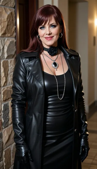 photorealistic full-body portrait, middle-aged woman, fair skin, bright blue eyes, black eyeliner, straight burgundy-red hair with blunt bangs, warm smile, glossy red lips, long tailored black leather coat, black leather dress, long black leather gloves, layered silver necklaces, (black rose choker, large black stone pendant), silver hoop earrings, stone tile wall and hallway background, warm soft lighting, glossy leather textures, (sharp focus —ar 9:16), —style raw
