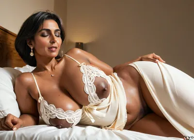 up close and personal, closeup of her deep cleavage, side view from low angle looking down, (mature 60 yo. South Indian mother:1.6), wearing a white lace negligee, large dark areoles, very long saggy full tits, huge drooping boobs, severe breast ptosis, short black hair, dark brown skin, very wide hips, dark areolas and nipples, tits sagging and hanging down, eyes shut, sleeping in a bed, her head is down on a pillow, one hand is lying on her chest, her head tilted to the side, cheap and dirty motel room, night, your hand is groping her breasts, POV, <lora:Darker_skin_SDXL:1.5>