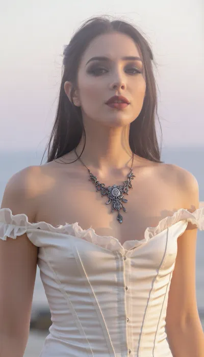 A vertical cinematic portrait with an ethereal, soft-focus aesthetic, defined by diffused light. The subject is an enigmatic young woman, framed from the chest up, with long dark hair and wispy strands that have a soft, luminous halo. She wears elegant smoky makeup and soft full lips a deep matte. She is dressed in a smooth ivory silk front-closing corset top featuring a straight-cut neckline with raw, tattered, gossamer ruffles along the top edge accented by an intricate antique silver gothic necklace. The scene is enveloped in a powerful but diffused golden-hour glow from the side, which creates a luminous light bloom on her skin and the fabric, dissolving sharp edges in an ethereal haze. The background is a very blurred, dreamlike pastoral pastel lavender-gray coastal sky, soft and bright. The overall mood is serene sensuality. Shallow depth of field, subtle film grain. This is a high-key photograph.