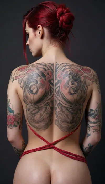 The person in the image is shown from the back and is facing away from the viewer, with their head turned slightly to the right. Their body is adorned with elaborate and colorful tattoos that cover their back, shoulders, and arms, depicting what appear to be mythical creatures and intricate patterns. A thick, vibrant red rope is tightly bound around the person's upper arms and chest, creating a visually striking contrast with the tattoos and skin. The person's posture is somewhat stiff, with their arms held close to their body. Their skin tone appears pale. The hair is dark with streaks of red or purple, styled in a way that suggests a modern cut. The background is solid black, which serves to highlight the subject and the detailed artwork on their skin. No specific facial expression can be seen due to the angle, but the overall presentation suggests a deliberate artistic composition.