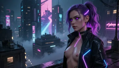 A masterpiece, top-notch quality, ultra-detailed rendering, cinematic lighting, sharp focus, Night City, cyberpunk, a beautiful young punk woman standing on a city street at night, with a serious and calm expression on her face, her purple punk hair pulled back into a small ponytail, her bright purple cybernetic eyes shining, a thin, glowing purple line from a neural implant on the side of her head near her ear, piercings, she’s wearing a black cyberpunk tactical jacket with a zipper zipped down, glowing neon stripes—blue and purple—fog hovers between the buildings, looming, gloomy megastructures, holographic billboards, and neon signs in shades of pink, blue, and purple, a dark, cinematic atmosphere with high contrast
Ultra-high quality, 4k brilliant picture, Ultra-detailed, hyper realistic, best quality, ((ultra wide angle, bird view)), in style of the game „cyberpunk 2077“, (female hacker in right part of the picture), purple colored hair, long messy wavy hairstyle, neon pink parts, partially nude, standing on the roof, holographic „hacking“ lines, in background, {big city, cybercity, giant holographic ads, ambient neon lights, } rainy night, dark ambiente, (bokeh), Womans body slightly wet from rain, water droplets beading down her chest