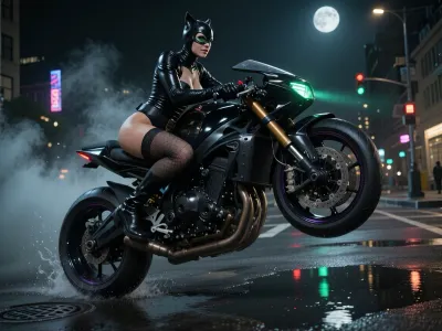 Photorealistic ultra-detailed cinematic night scene, masterpiece quality, extreme low-key lighting, dramatic underexposure, deep blacks, dense mist, drifting smoke and steam rising from manholes, cold moonlight, neon signs, traffic lights and distant city lights reflecting across puddles and glossy wet asphalt, an adult woman, 28 years old, portrayed as Catwoman, riding an extraordinary custom black motorcycle inspired by a black panther, accelerating at full power at very high speed while performing a controlled high wheelie, riding only on the rear wheel, the front wheel lifted dramatically high into the air, motorcycle steeply pitched upward yet completely stable under her control, enormous sense of torque, speed and forward momentum, spinning rear wheel biting into the wet road, subtle water spray behind the tire, she leans forward aggressively toward the handlebars to control the balance point, both hands gripping the controls firmly, body aligned perfectly with the machine, confident expression with a slight smile, luminous green eyes, black feline cowl with streamlined cat ears, a glossy black latex bikini with realistic tension, cling, compression and reflected highlights, sleek sculpted bikini top and matching bikini bottoms, bare midriff visible, deep elegant décolleté, black gloves, black stay-up fishnet stockings, thigh-high and self-supporting, elegant lace upper bands, tall black riding boots and a sleek tactical belt with compact equipment, the motorcycle is a physically believable predator machine with a long low muscular chassis, powerful rear section and extended front geometry, sculpted front fairing, compact windshield and lighting assembly subtly forming a panther face, dark windshield integrated like the forehead, aerodynamic side contours suggesting feline cheekbones, narrow emerald-green headlights positioned like predatory panther eyes, projecting intense green beams upward and forward through the fog, glossy piano-black bodywork mixed with satin-black metal, restrained chrome, carbon fiber, exposed mechanical joints, suspension, chain and brakes, subtle deep-purple LED contour accents, rider and entire motorcycle razor-sharp because the tracking exposure matches their speed, while the surrounding city becomes strong directional horizontal motion streaks, traffic signals, architecture and reflections stretched across the background rather than simple blur, dramatic wet-road reflections beneath the rear wheel, green, purple and red light trails cutting through smoke and mist, low frontal three-quarter viewpoint near road level emphasizing the raised front wheel, muscular motorcycle and rider silhouette, premium full-frame photographic realism, approximately 35 mm prime lens, strong micro-contrast, realistic latex, fishnet, rubber, wet metal, skin and water textures, physically accurate reflections, subtle analog film grain, mysterious, powerful, predatory, technological, nocturnal, maximum quality