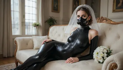 8K UHD, realistic masterpiece, maximum quality, maximum details, maximum realism, score 9, score 8 up, score 7 up, (((visible uncovered eyes))), black gas mask, twisted humor, happy face, bdsm collar, skin tight full black latex catsuit, dominatrix, sagging boobs, big hips. Leash. White bride veil, resting on sofa, exciting viewpoint, large white tiara, white flowers bouquet holding up in the air, clean cutout, monimalibuSDXL, <lora:Saggo_XL:1.7>, <lora:monimalibuSDXL-000008:1.5>, <lora:DetailedEyes_V3:.8>