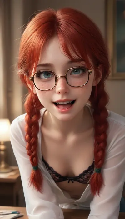 (Irish princess:1.5), (large semicircular glasses:1.6), (joyful:1.5), at the table, in a blouse, jeans, (in a completely transparent lace bra), with red strands, leaning forward, (freckles on her face:1.9), excited expression, black eyeliner eye shadow, eye shadow, (hair braided in two pigtails:1.2), bangs, red hair, (thin:1.1), (small breasts), 8K, UHD, front view, blouse unbuttoned, <lora:SlimeGirl:.8>