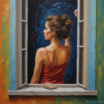 Textured impasto acrylic painting of a human at the window looking out, thick brush strokes, palette knife textured, swirling paint, impressionistic texture, canvas surface, bold color.