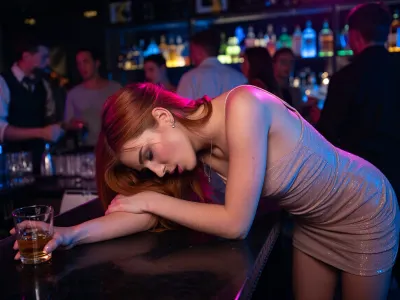 Ultra low-key cinematic nightclub realism, dramatic underexposure, deep blacks, saturated neon magenta and electric blue separation, warm amber rim light, glossy reflections, smoky haze, subtle analog film grain, premium full-frame mirrorless look, thirty-five millimeter prime lens, f one point four, shallow depth of field, crisp foreground detail. At a crowded bar, a woman, 28 years old, visibly extremely drunk, leaning hard on the polished counter with both hands, shoulders tight, head tilted down, redhead hair falling across her face, cheeks flushed, eyes glossy and unfocused, lips parted, looking overwhelmed and sick yet still magnetic in a nightclub way. short fitted party dress with slightly twisted straps, subtle rumples, glitter catching the neon, smudged eyeliner, delicate jewelry, one heel angled awkwardly, a half-spilled cocktail nearby. Background crowd and bartender blurred in soft focus, colorful bottles glowing behind, absolute focus on her posture and emotional state, realistic skin texture, natural hands, strong line definition, fabric weave, glass refraction