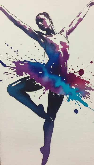 A close-up of a dynamic watercolor silhouette sketch of a ballerina suspended in mid-air, in a vigorous leap. Every part of the figure, including the face, facial features, eyes, and body, is composed entirely of raw, translucent watercolor layers, visible brushstrokes, and flowing liquid pigments. There is no human skin, the face being entirely painted with wet lines of paint and color gradients. The arms are spread wide, and the left and right edges of the frame precisely crop them at the elbows, keeping the hands and toes out of frame. A rich color palette of deep ultramarine, rich violet, fiery purple, and neon turquoise flows seamlessly from the figure to the texture of the paper. A masterpiece of pure two-dimensional liquid art, without photorealism.