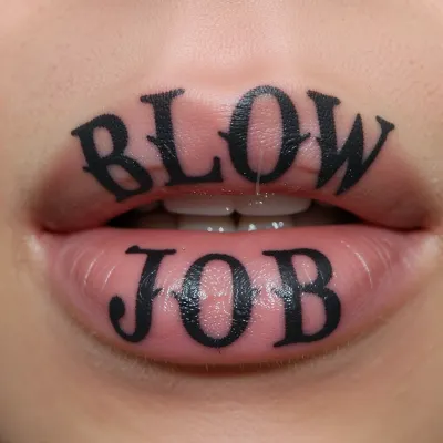 tattoo on the upper lip, "BLOW", tattoo on the lower lip, "JOB"
