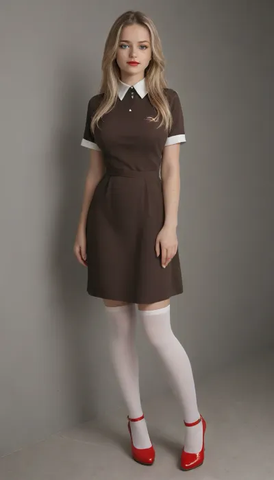 Woman 25 years old, tall, slim figure, big breasts, pretty face, blonde, long hair, red lips, blue eyes, Soviet school uniform, dark brown dress, white school apron, pionyrs, pioneer tie, white stockings, red high-heeled shoes, school class, super realism, high quality picture, high definition detail, suxl, <lora:suxl:2>, <lora:Classroom_SDXL_r1:1.3>, <lora:pionyrka:.4>