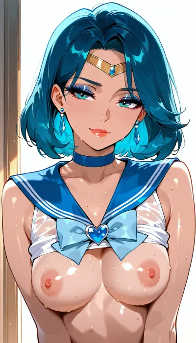 sailor mercury as horny milf, blue hair, much warm bright light, smokey eyeshadow, highest quality, super detailed images, high resolution, flat, chested, <lora:flat_chested_v3.5:.8>
