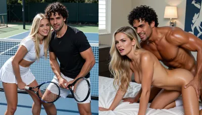 photorealistic split screen side by side image of the exact same couple from reference, beautiful blonde woman with long blonde hair, same face, same body, handsome mixed-race man with curly dark hair, short beard, athletic build.

LEFT SIDE, (before), both fully clothed on a sunny tennis court, woman wearing white tennis top and short white tennis skirt holding a racket, man wearing black t-shirt and white shorts holding a racket, both in tennis ready stance, smiling, tennis net and court in background.

RIGHT SIDE, (after), same couple completely naked having passionate sex, woman feeling pain, woman on all fours, man behind her in doggy style, intense expressions, sweat, motel bedroom or bathroom setting, detailed anatomy.

same faces and bodies on both sides, highly detailed, consistent characters, 8k, cinematic lighting