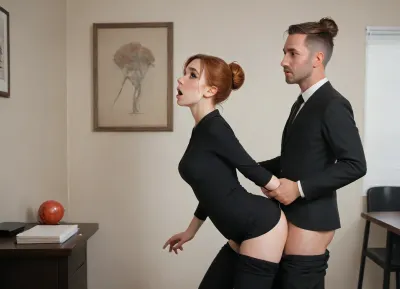 ultrarealistic, photorealism, matrepiece, 23 years old cute woman, ((ginger high bun:1.9)), (black office suit:1.5), arms_behind_head, redhead, hanni from, side view, girl’s bedroom, red hair, wide eyes, shocked, tearful, doggy style, deep penetration, hardcore, rough sex, big ass, medium breast, extreme wide eyes, shirt pulled up over breasts, pants pulled down, thick white cock, (fucked by man in builders clothes:1.6), held waist, incase, style, <lora:ReverseCowgirlFullNelsonXL:.5>, <lora:gtsswallowxl_v2:.5>