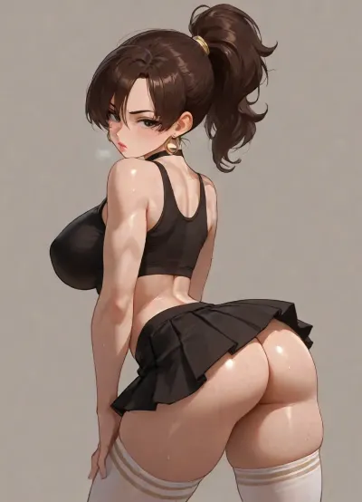 solo, sweaty gym girlfriend cute pose, slutty, arching back, thick lips, freckles, round face, (brunette ponytail hair:1.6), low braided tails, gold hoop earrings, choker, skirt, thigh high socks, very high socks, (athletic body:1.5), big gym girl ass, dynamic pose, igbaddie, A gorgeous, slim, busty woman, aidxlv05_neg, lineart, LineAniAF, mlfpchs, style, of, akira, toriyama, <lora:LineAniRedmondV2-Lineart-LineAniAF:2>, <lora:milfpeaches_RealvisXLV5(e14):.8>, <lora:toriy4m4_v4-000007:.8>, medium sized boobs