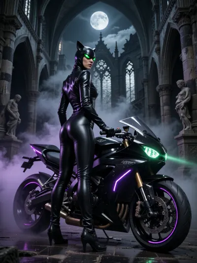 Photorealistic ultra-detailed cinematic gothic night scene, masterpiece quality, extreme low-key lighting, dramatic underexposure, deep blacks, dense volumetric fog, layered smoke, cold moonlight and razor-thin silver rim light, subtle saturated deep-purple illumination within the architecture and motorcycle contours, an adult woman, 28 years old, portrayed as an elegant nocturnal feline vigilante, standing heroically beside an extraordinary custom black motorcycle in the foreground of an immense ruined Gothic hall, towering pointed arches, ribbed vaults, colossal stone columns, weathered statues, broken tracery windows, damp black stone and distant moonlight disappearing into shadow, the motorcycle dominates the foreground, a unique jaguar-inspired custom machine combining the muscular presence of a modified cruiser with the low predatory proportions of an exotic superbike, completely black sculpted bodywork flowing in smooth feline curves, long low tank, muscular front section, compact mechanical rear, glossy piano-black panels alternating with satin-black forged components, polished chrome only on selected edges, suspension parts, fasteners and exhaust details, extraordinary realistic metal textures, brushed alloy, chrome reflections, carbon fiber, machined joints, tiny scratches, moisture droplets and road dust, twin narrow emerald-green headlights shaped like predatory feline eyes, projecting powerful green beams through the heavy fog, restrained deep-purple LED lines embedded along the body contours, faint purple reflections sliding across black surfaces, the woman stands directly beside the machine in a poised feline stance, body seen predominantly from a rear three-quarter viewpoint, head turned over her shoulder toward the viewer, compact athletic physique, muscular legs, narrow waist, defined back and sculpted rounded glutes emphasized by posture and material tension, one hip subtly elevated, she wears an exceptionally thin skin-tight black latex catsuit following every anatomical contour with realistic tension, compression, micro-folds and reflected highlights, dramatic sculpted cut-outs across abdomen and waist, deep elegant décolleté, fitted sleeves, integrated black gloves and tall black heeled combat-style boots, realistic bonded seams and subtle technological detailing, black feline cowl instead of a helmet, streamlined cat ears integrated into the silhouette, much of her face visible, intense luminous green eyes matching the motorcycle headlights, realistic human iris detail with a subtle feline character, natural lips, realistic skin pores, a few dark hair strands catching silver moonlight, she holds a thin transparent glass-like tactical tablet with polished dark-metal edges, projected holographic interface hovering above its surface, translucent route geometry, tracking markers and pursuit data glowing faintly emerald green and deep violet, her other hand interacting with the display as though analyzing a target before pursuit