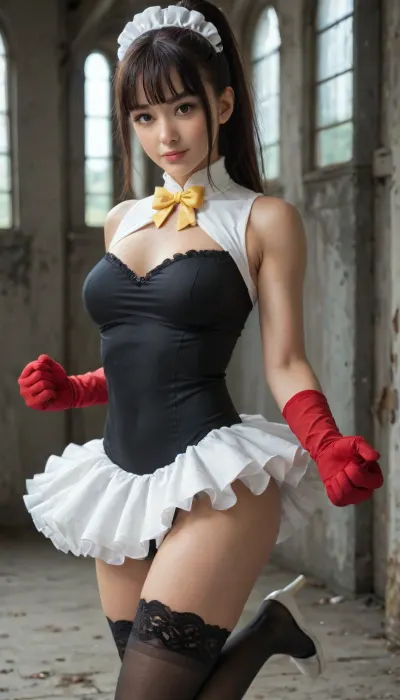 masterpiece, 8k-ultra, indoor, abandoned building, (dim light, dramatic shadow, realistic illumination), solo, Japanese woman, 25 years old, sexy athletic body, beautiful face, kawaii makeup, black eyes, round eyes, black hair, blunt bangs, high ponytail haircut, white ruffle headdress, well-shaped full breasts, ((black leotard, high neck, lace decorated, sleeveless)), yellow bow tie, (white ballet tutu skirt, micro-mini), red dress gloves, black thigh high stockings, defiant smile, standing, fighting stance, one leg rised high, legs spread apart, looking at viewer, 4ng3l, face, <lora:SDXL_BetterFaces-LoRA_v1:.8>, <lora:DetailedEyes_V3:.8>