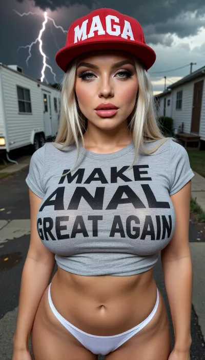 amateur smartphone frontal picture of a dirty looking trailer park young slender very busty dim woman with straight dry platinum blonde hair, (a youthful round maralago face:5), (excessive bimbo makeup:10), (thick full lips with bright lipstick, thick dark eyeliner, bright eyeshadow, long eyelashes with mascara), short torso, She's only wearing tiny tight white thong panties and a tight grey shirt that has printed words on it, MAKE ANAL GREAT AGAIN, red baseball cap with clearly legible inscription MAGA, hint of cameltoe, tornado skies, lightning strike---
focus on face, shallow depth of field