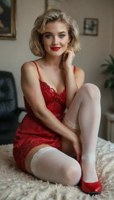 Woman 40 years old, blonde, bob haircut, model face, makeup, red lips blue eyes, smile, happy, office, red dress, white stockings, stockings belt, Deflated underpants, red lingerie, white high heels, high quality photo, super realism, high photo detail, good lighting, 80s_glamour_shots, <lora:80s_Glamour_Shots:.2>, <lora:MJ52:.2>, <lora:detailed_notrigger:1.3>, <lora:XDetail_light:1.3>, Sitwlup, front, view, side, sitting, <lora:SitWithLegUp.0.9.Experimental:.8>