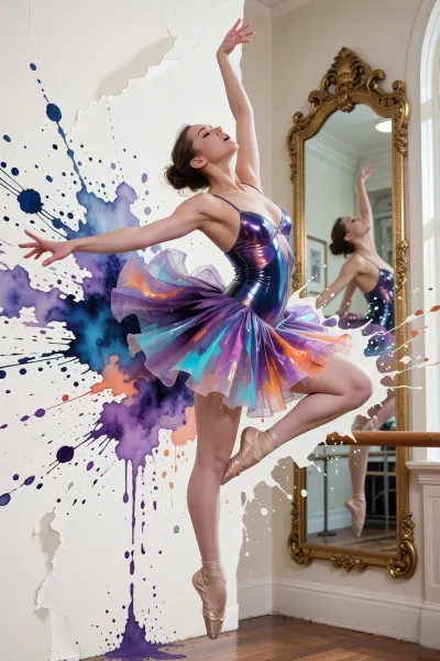 Close-up. Frozen Dance, A graceful ballerina, captured in a frozen image, a ballet dance pose, in a classical rehearsal room, head thrown back, face lifted in rapture. One arm is raised high above her head, the other reaches to the side. Only one actual dancer, her precise reflection appears in a tall, ornate mirror in a gold frame. Authentic traditional watercolor painting on textured white watercolor paper, wet-on-wet technique, large, blossoming brushstrokes of deep indigo, cobalt, purple, coral, turquoise, and violet, exploding around the figure like frozen music, drips running across the paper, pigment splashes and granulation, transparent multi-layered glazes, white paper showing through, soft, bleeding edges, visible paper texture and deformation. A shimmering watercolor tutu in flowing iridescent shades of violet, orange, and pink, a leotard painted with liquid metallic highlights. Soft daylight streams through a high arched window. A hand-painted watercolor technique, loose, fluid brushstrokes combined with precise figure drawing, a masterpiece of watercolor illustration.