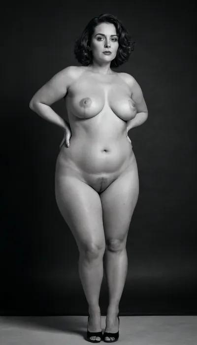 ((black-and-white photo:1.5)), (monochrome:1.5), ((black background)), “A fashion editorial photograph, a full-length portrait of a 40-year-old woman with obesity, wide hips, a large butt, and small sagging breasts, posing with confident, seductive grace. Her short, voluminous wavy hair with a French bob-style fringe playfully frames her face, emphasizing her refined femininity.” She is wearing 18 cm high stiletto sandals, which accentuate her toned calves and arch. The composition highlights her legs — slender, defined, and dominant in the frame — captured with dramatic chiaroscuro, (directional light with deep shadows), to emphasize their texture and curves. **Style, ** minimalist yet bold, thigh‑high stockings for contrast, but primarily a nude shot to emphasize natural anatomy with artistic precision. The background is dark. **Mood, ** foot fetishism as high art — powerful, controlled allure with a touch of vulgarity, sharp and provocative, yet with impeccable taste. **Technical processing, ** 8K resolution, Fujifilm GFX100 realism, skin texture with barely noticeable pores and blood vessels, moles, tan lines and cellulite, ultra‑detailed footwear., <lora:Torpedo_Tits_Anime-GMR-000007:.4>