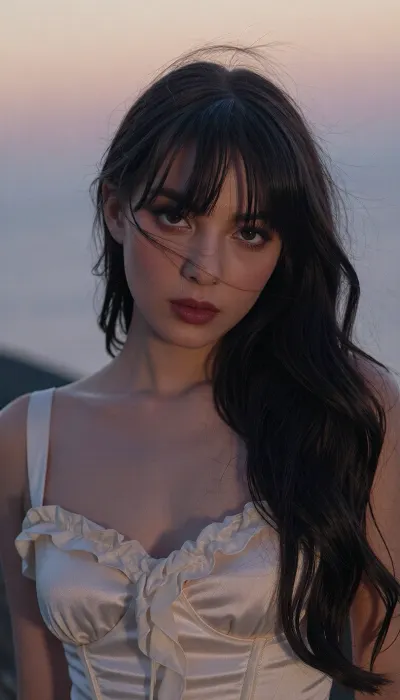 A dreamy cinematic portrait of a young woman on a seaside cliff at dusk, backlit by a hazy low sun. She has long dark wavy hair with wispy bangs blowing across her face.
Smoky eye makeup frames are large eyes and her full soft lips are painted a deep berry.
She wears an ivory vintage-inspired satin corset top with delicate ruffles.
She gazes sensually straight into the camera, unsmiling and pensive. The sky behind her is a soft lilac-to-peach gradient above a blurred ocean horizon. Shot on 35mm film with a shallow depth of field, warm rim light, soft haze and halation, fine grain, muted pastel tones, melancholic and ethereal.