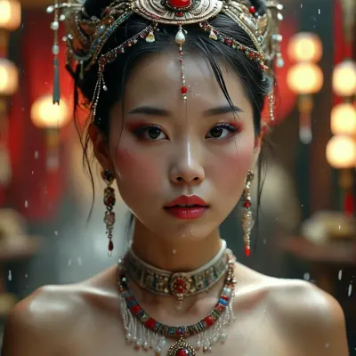 30 year old female Chinese queen with tribal jewels, covered in thick white realistic cum, sexy expression, woman, cum, on, face, <lora:MJ52:.3>, <lora:BUT_SDXL_SHS:1.3>, <lora:add-detail-xl:.7>, <lora:CinematicStyle_v1:2>, <lora:JustCum:1.5>
