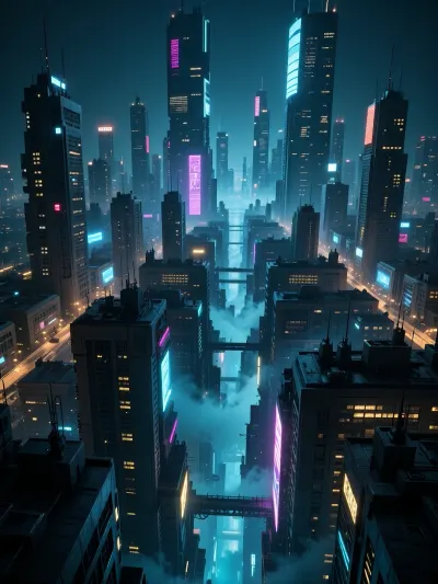 masterpiece, top quality, (raw photo:1.2), breathtaking cyberpunk epic wide-angle establishing shot, an immense hyper-detailed dystopian metropolis at midnight. Towering vertical city canyon with infinite depth and scale. Colossal megastructures pierce dense glowing neon smog, endless layers of stacked
