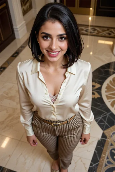 (High resolution details), (photorealistic image), (detailed fabric texture), a 22 year old cute Pakistani woman is in a luxurious hotel lobby. She has a cute face with big happy smile and perfect teeth. Big brown eyes and long lashes. Full glossy lips. Rounded rosy cheeks. She has straight black hair cut in a middle part above shoulder length bob, with the ends curling slightly inwards. She is wearing a beautiful cream coloured button up silk blouse and stylish brown and beige houndstooth pattern office style pants and short heeled shoes. Perfect fingers and fingernails. Her blouse is unbuttoned revealing a hint of a beautiful floral lace bra. She pants are form fitting, accentuating her petite firm rounded ass. Simple fine gold chain necklace. Elegant fine belt.
The view is from above as she looks slightly upward towards the camera.