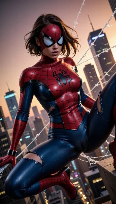 Female version of Spider-Man, athletic and agile superhero. Slim but strong build, sharp determined eyes visible through expressive white eyepieces of the mask. Wearing a sleek red and blue Spider-Man suit with black web patterns, redesigned to fit her feminine form while remaining practical and heroic, ripped and torn suit. Dynamic pose, swinging through a city skyline at sunset with web lines, skyscrapers, and glowing lights in the background. Ultra-realistic cinematic superhero art, highly detailed, dramatic lighting, atmosphere of speed, action, and heroism.