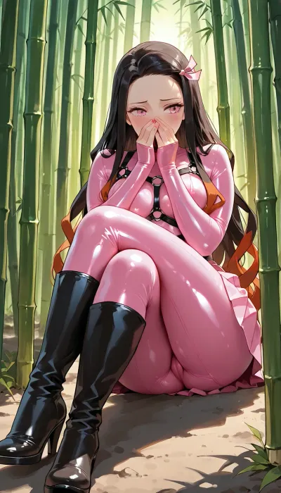 (masterpiece, best quality, photorealistic), kamado_nezuko from kimetsu_no_yaiba, full body visible, ((hiding in a bamboo forest at twilight:1.5)), wearing a bright pink latex catsuit with a short pleated skirt, (wearing pink latex high-heeled boots), (wearing a black leather harness with silver buckles), (hands covering her mouth shyly, legs crossed), (a timid but alluring expression), (soft ambient forest lighting), (bamboo stalks in background), explicit, nsfw.