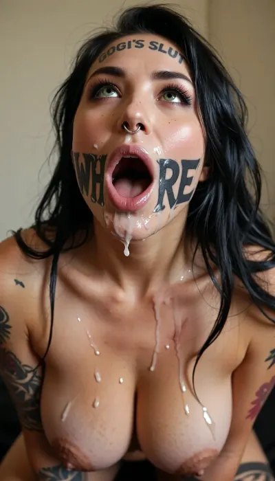 image of 35 years old Japanese female, (Tattoo on the left of the mouth that reads, "WH", Tattoo on the right of the mouth that reads, "RE", The mouth is wide open in the shape of the letter O, black lips, Tattoo on the forehead that reads, "GOGI'S SLUT"), tattoo in gigantic letters, nose ring, Emerald eyes, upward gaze, very long hair, a lot of slap marks on cheeks, large saggy breasts with a lot of whip marks, gigantic nipples, on knees, Her face is covered with thick cum