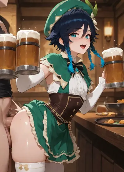4k resolution, high definition, highly detailed, best possible quality, femboy, Venti from Genshin Impact, tiny, petite, flat-chested, cock and balls, (Serving beer to tables in large mugs), ((Venti clothes)), in tavern, beer in hands, have anal sex with man from behind, (masterpiece, best quality, highres)