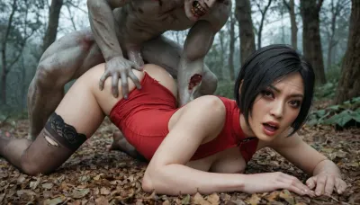 Ada wong from resident evil, Beautiful japanese woman, wearing ripped long red tight dress exposed breasts and black stockings, black short hair, perfect body, perfect silky smooth skin, gorgeous face, frightened, caught by a zombie, getting fucked by undead man with pale rotted flesh, zombie cock deep in her pussy, zombie ripping her clothes off, zombie face flesh falling off his face, his undead cock cumming in her pussy. Face down ass up, (Scary woods background)