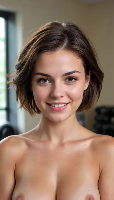 A cute, innocent looking 20 year old brunette, with huge, round, firm, natural tits. Topless. Lifting her tits with a ‘whoopsie’ face. Shoulders straight, tits forward. Good posture. Proud of her tits. She’s in some sort of gym class. Sweaty from exertion. Messy hair. Sweaty hair. Oiled up and shiny skin. She has short hair. She’s smirking.