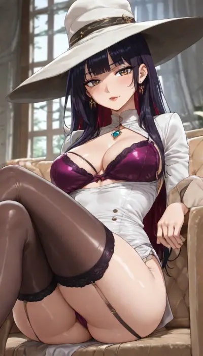 (anime style:2), small petite athletic fit girl sitting on couch in office secretary costume, large cute hat, flirty sultry slut, high quality face details, ((large expressive anime eyes:1.4)), dark lipstick, eyeliner, (((hypersaturated bright colors:1.5))), background is darky, sultry, yet warm, long lustrous hair with highlights, firm hard breasts under white dress with purple lace, satin bra, long stockings, side view crossed legs accentuate gleaming ass curves, <lora:EnvyBeautyXL04:.7>, ((futa cock))
