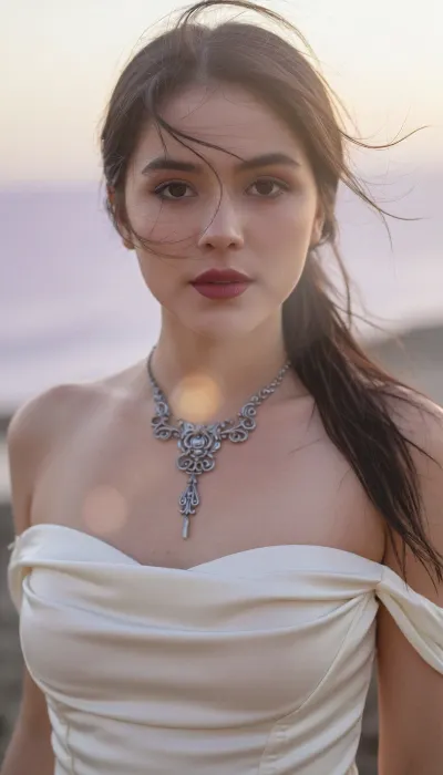 A vertical cinematic closeup portrait with an ethereal, soft-focus aesthetic, defined by diffused light. The subject is an enigmatic young Latina woman with long dark hair and wispy strands that have a soft luminous halo framing her elegant facial features with stray strands of windblown hair. She wears dark smoky makeup that highlights her large expressive eyes, while her soft full lips are a deep matte berry. Her elegant neckline is accented by an intricate antique silver gothic necklace. She is dressed in a smooth ivory silk featuring a strapless straight-cut neckline with sophisticated lines accentuating her slender body. The scene is enveloped in a powerful but diffused golden-hour glow from the side, which creates a luminous light bloom on her skin and the fabric, dissolving sharp edges in an ethereal haze. The background is a very blurred, dreamlike pastoral pastel lavender-gray coastal sky, soft and bright. The overall mood is serene contentment. Shallow depth of field, subtle film grain. This is a high-key photograph.