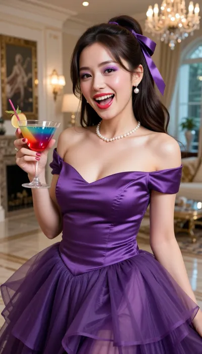 masterpiece, best quality, (21yo adult female Japanese:1.3), oval face, pointed delicate chin, deep dark brown almond eyes, dark espresso brown hair half-up half-down with violet silk ribbon, slender but curvy hourglass, porcelain skin, wearing, (opulent imperial violet tulle and satin cocktail dress:1.2), voluminous skirt, off-the-shoulder neckline, pearl jewelry, laughing joyfully, holding a colorful cocktail, luxury penthouse background, bright festive lighting, high-shine cherry-red glossy lips, shimmering purple eyeshadow, 8k resolution, hyper-realistic