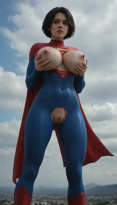 Ultra-realistic, masterpiece, solo, Supergirl, pleasure expression, girl holding the breasts, (with short black hair), ((huge round breasts, Firm silicone)), Blue eyes, athletic body, pubic hair, (Supergirl is wearing a blue red metallic superman torn outfit), ((tight outfit)), (crotch ripped wide:1.4), huge chest circumference, (massive breasts:1.2), (torn top, exposed breasts), hip gap, (narrow waist), pussy cameltoe, (tight bodysuit), Supergirl has extremely short thick black hair, (extremely short hair:1.3), (extremely thick hair:1.3), sex pose, muscular, full body, 1girl, ((flying in the sky)), big butt, below view, front view, extremely focus in pussy, closeup, DCEU, zavy-mthcl, <lora:add-detail-xl:.8>, <lora:detailed_notrigger:.8>, <lora:Supergirl:.8>, <lora:zavy-mthcl-sdxl:.8>