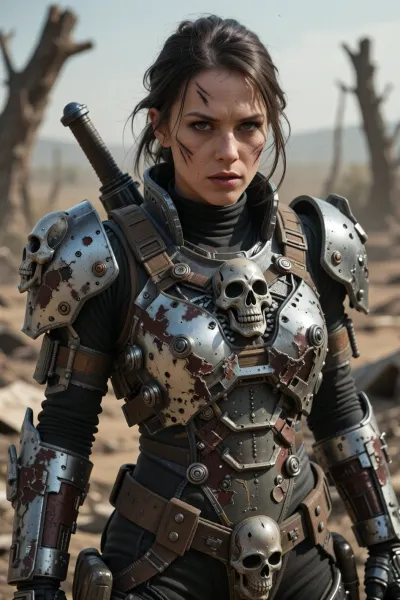 (female post apocalyptic raider in power armor), fallout, fallout game, view from front, solo woman, beautiful scarred face, scars, (power armor:1.3), armor decorated with skulls and scrap metal, wasteland, realistic, highly detailed, high detail hair, action pose, low resolution photo, taken with an early 2000s camera phone, harsh flash, digital noise, compression artifacts, washed-out colors, handheld snapshot, poor lighting, realistic mobile photo aesthetic, (grainy photo:1.2), (mobile photo aesthetic:1)